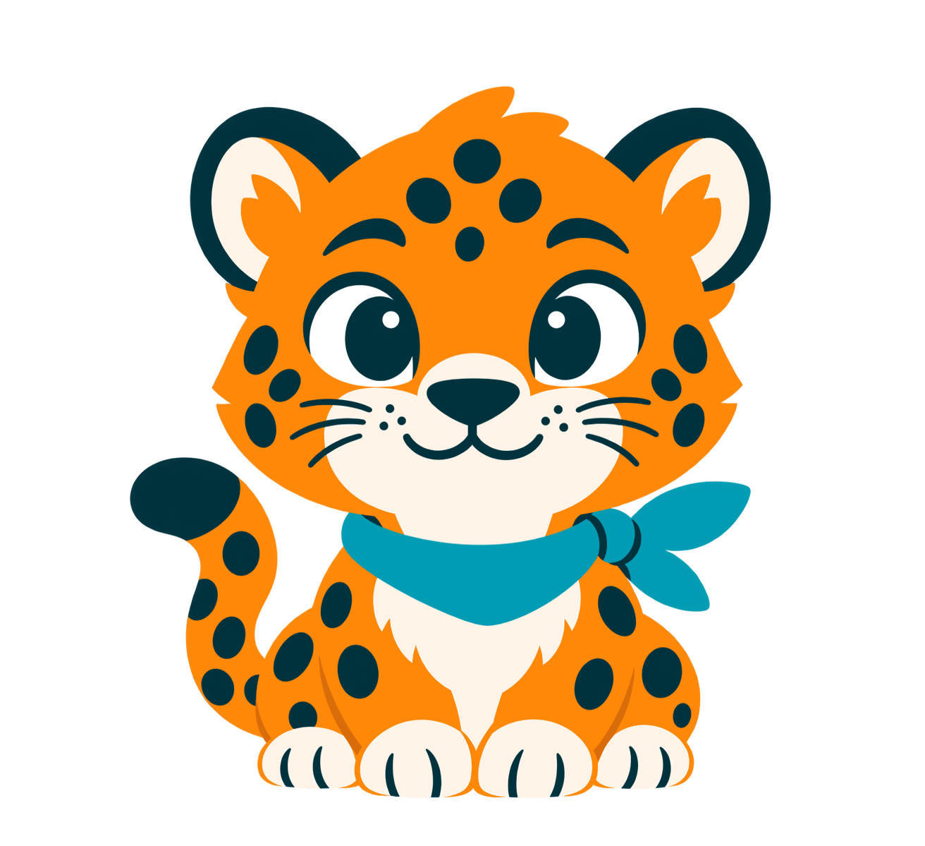 Miko, macan tutul 2D berwarna jingga dengan syal teal